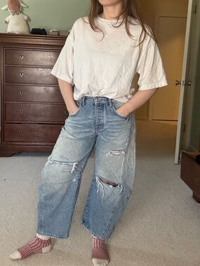 Free People Light Blue Distressed Good Luck Barrel Boyfriend Jeans